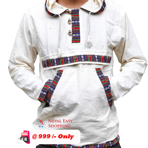 White Hooded Bhutani Shirt For Men
